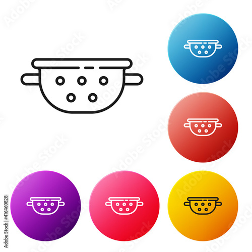 Black line Kitchen colander icon isolated on white background. Cooking utensil. Cutlery sign. Set icons colorful circle buttons. Vector.