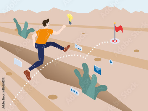 A young man running overcomes obstacles to achieve his goals. Desert savanna landscape, a metaphor for overcoming obstacles on your way. Trendy flat vector illustration