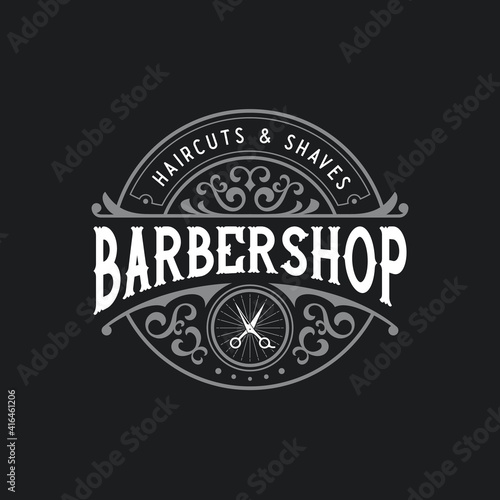 Barbershop haircut salon classic antique vintage retro round circular badge template stamp typographic logo with floral swirl ornament