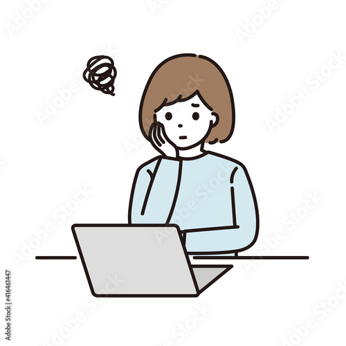 ノートパソコンの前で悩んでいる女性のイラスト