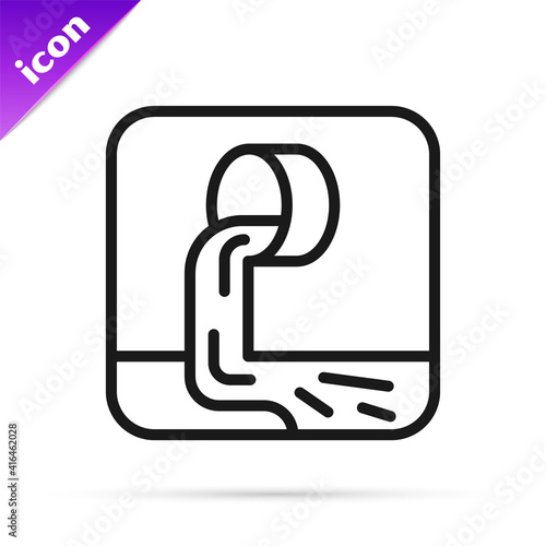 Black line Wastewater icon isolated on white background. Sewer pipe. From the pipe flowing liquid into the river. Vector.