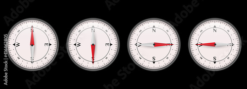 The compass shows north, south, west and east. 3D vector illustration isolated on black background.