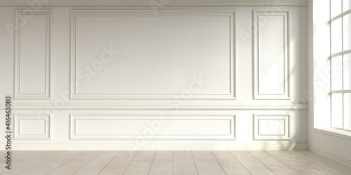 Modern classic white empty interior with wall panels and wooden floor. 3d render illustration mock up.