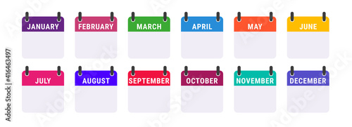 Monthly calendar icon set. For each month, an icon in its own color. Flat vector illustration isolated on white.