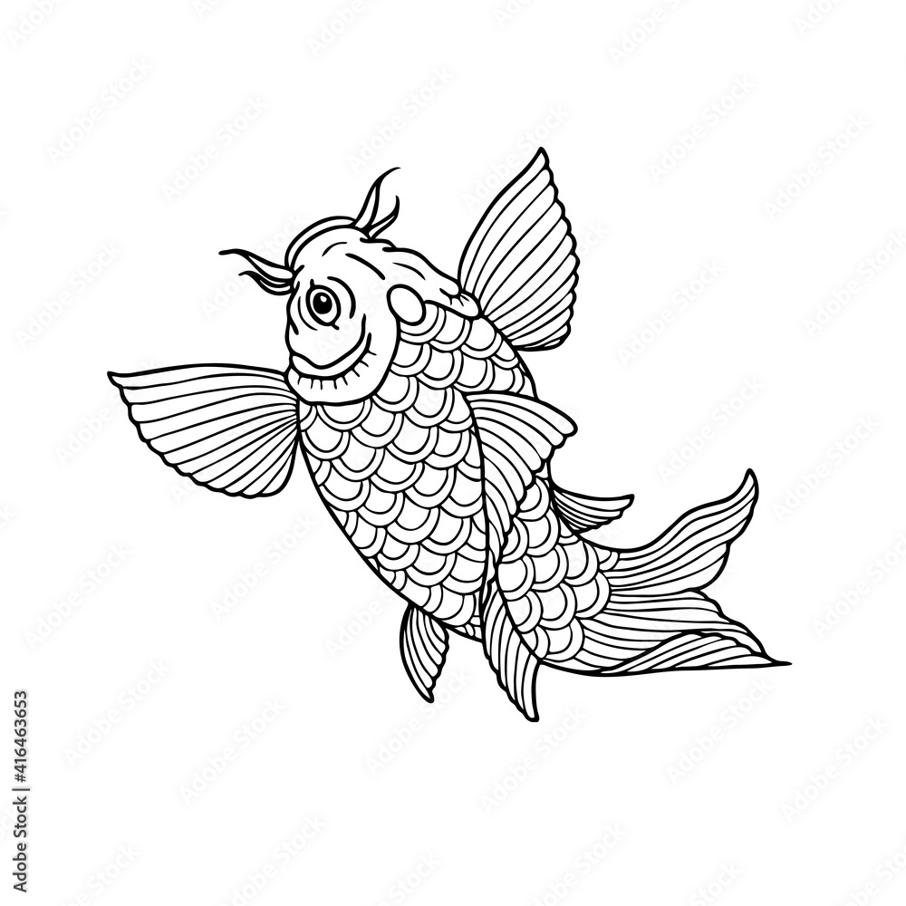 Fototapeta premium Hand drawn koi fish, linear illustration, contour drawing. Japanese tattoo. Isolated on white background. Vector illustration.