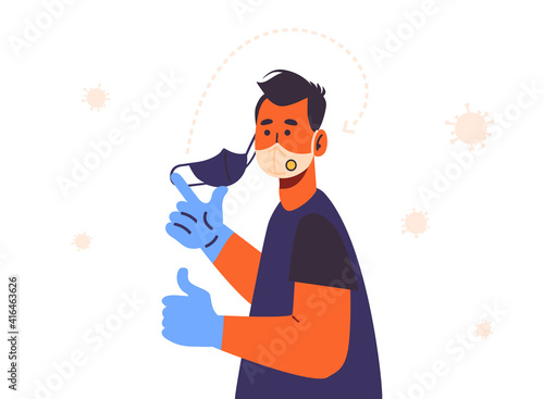 Double masking for Covid-19 protection. Man wearing two protective face mask and medical gloves. Surgical mask under a cloth mask may help reduce risk from more-contagious strains. Isolated on white.