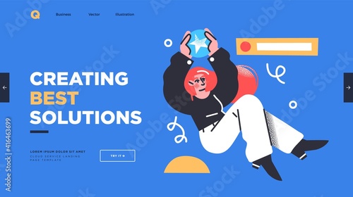 Research innovations and solutions. Presentation slide template or landing page website design. Business concept illustrations.