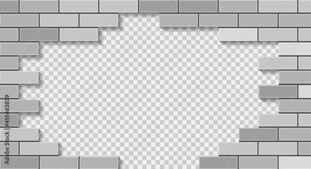 White brick wall breaking through with hole. 3D vector illustration on transparent background. White brick wall breaking through with hole. 3D vector illustration on transparent background.