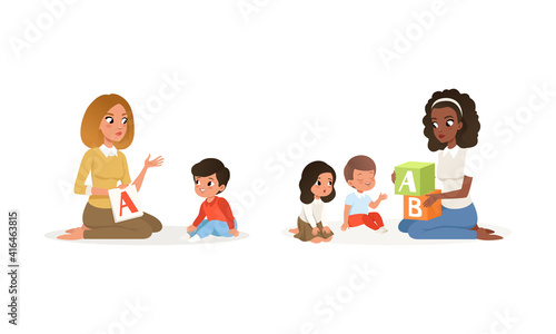 Cute Children Studying Alphabet with Their Teachers Set, Elementary School Students and Tutor at Lesson, Kids Education and Upbringing Cartoon Vector Illustration