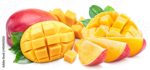 Mango fruit with mango cubes. Isolated on a white background.