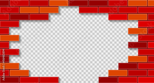 Red brick wall breaking through with hole. 3D vector illustration on transparent background.