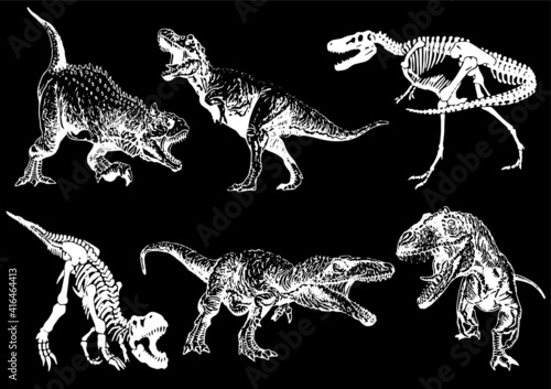 Graphical set of dinosaurs isolated on black background,vector illustration