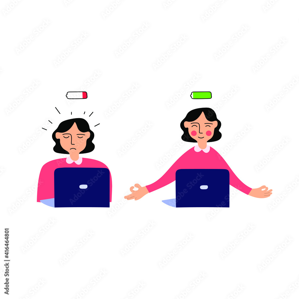 One woman burnout and have stress and another meditates at work. Illustration on white background. One woman burnout and have stress and another meditates at work. Illustration on white background.