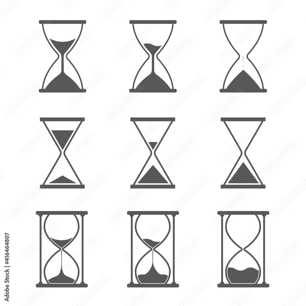 Hourglass, sandglass icon set. Classic shape, triangular and round. Flat vector illustration isolated on white. Hourglass, sandglass icon set. Classic shape, triangular and round. Flat vector illustration isolated on white.