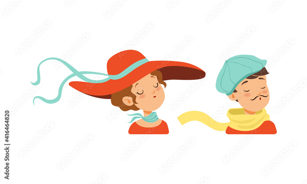 Portraits of Young Man and Woman in Retro Headgears Set, Girl Dressed in Wide Brim Hat and Boy in Blue Beret, Cartoon Vector Illustration Portraits of Young Man and Woman in Retro Headgears Set, Girl Dressed in Wide Brim Hat and Boy in Blue Beret, Cartoon Vector Illustration