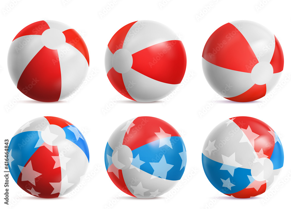 Obraz premium Beach balls, inflatable toys for summer games of white, red and blue colors with stars pattern, isolated object, rubber bouncy balloons in different positions, Realistic 3d vector illustration, set