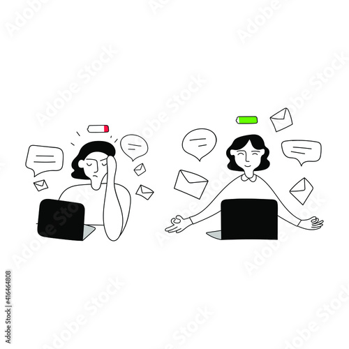 Young woman overload at work and another woman feel calm at work. Outline illustration on white background.