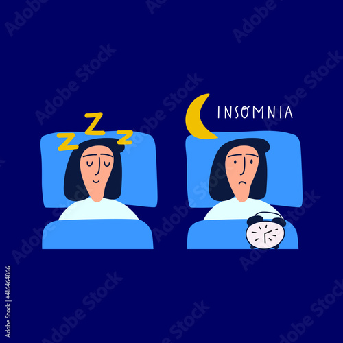 One woman have good sleep and another have insomnia. Illustration on dark background.