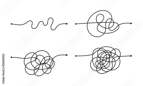Complex and easy simple way from start to end vector illustration set. Chaos simplifying, problem solving and business solution searching challenge concept. Hand drawn doodle scribble chaos path lines