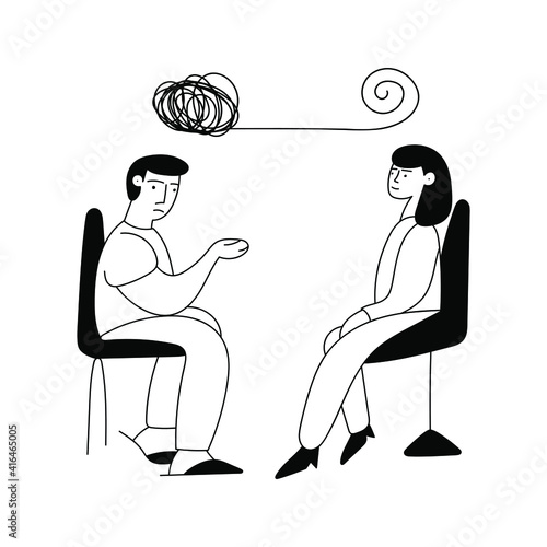 Man on psychotherapy consultation. Outline illustration on white background.