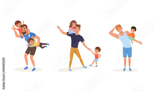Tired Fathers and Their Children Set  Stressed Exhausted Dads with Naughty Kids  Parenthood Concept Cartoon Vector Illustration