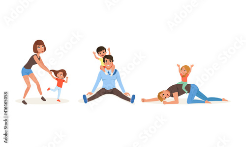 Tired Parents and Their Children Set, Stressed Exhausted Dads and Mom with Naughty Kids, Parenthood Concept Cartoon Vector Illustration
