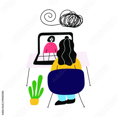 Woman sitting at the desk and having conversation with therapist online. Hand drawn vector illustration.