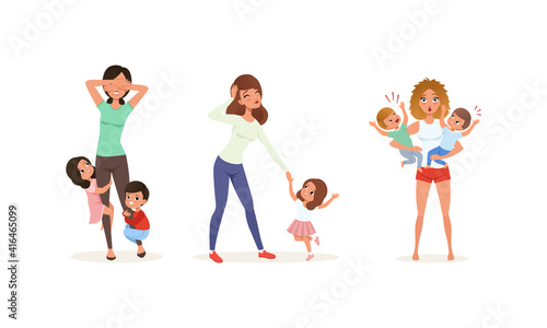 Tired Mothers and Their Children Set, Stressed Exhausted Moms with Naughty Kids, Parenthood Concept Cartoon Vector Illustration