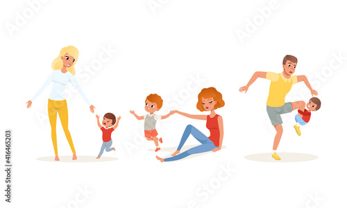 Tired Exhausted Parents and Children Set, Stressed Dad and Mom with Naughty Playful Sons Cartoon Vector Illustration