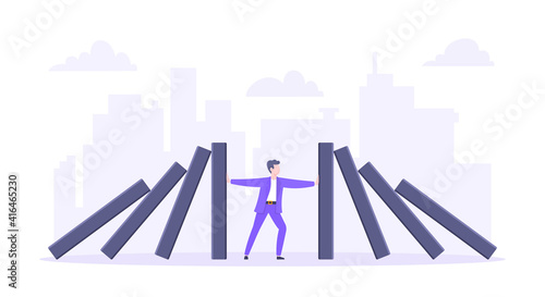 Domino effect or business resilience metaphor vector illustration concept. Adult young businessman pushing falling domino line business concept of problem solving and stopping domino chain reaction. photo