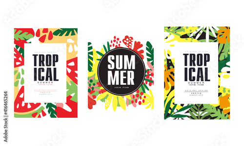 Tropical Banner Templates Set, Summer Poster, Card, Background, Flyer, Invitation with Tropical Exotic Floral Design Vector Illustration