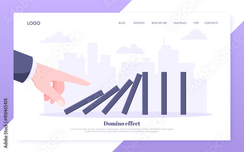 Domino effect business concept. Hand starts chain reaction of falling board game blocks of dominoes flat style vector illustration. Business bankruptcy or crisis, risk and finding solution metaphor.