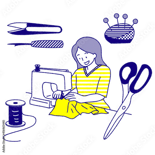 ミシンをかける女性と裁縫道具のシンプルイラスト