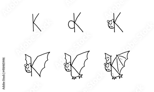 how to draw a bat from K step by step. easy and fun activity for kids development and creativity. tutorial of drawing animal and object from alphabet series in vector illustration. 