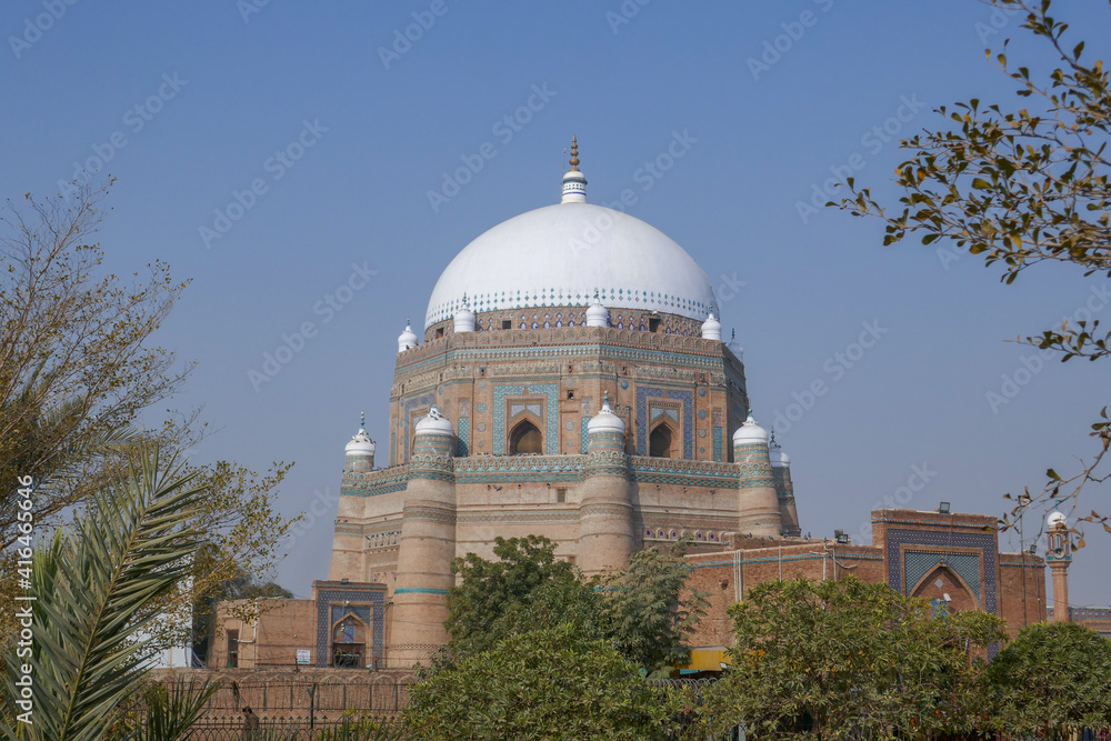 Landscape view of beautiful ancient Shah Rukn-e-Alam sufi mausoleum and shrine, a historic landmark of medieval islamic architecture in Multan, Punjab, Pakistan