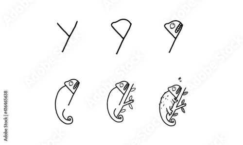 how to draw a chameleon from Y step by step. easy and fun activity for kids development and creativity. tutorial of drawing animal and object from alphabet series in vector illustration. 
