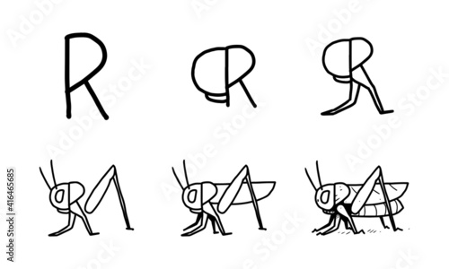 how to draw a cricket from R step by step. easy and fun activity for kids development and creativity. tutorial of drawing animal and object from alphabet series in vector illustration. 