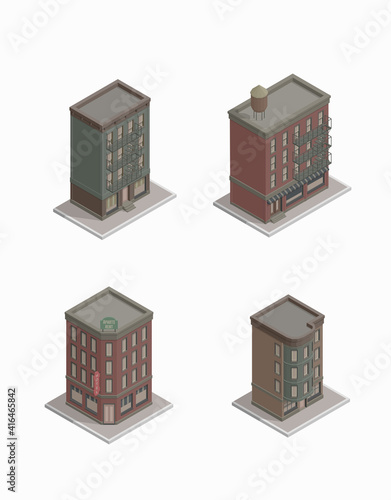 Set of vector isometric gothic houses. Vector illustration of vintage living block. New York block. Brooklyn apartment. Isolated.