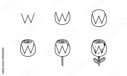 how to draw a cute flower from W step by step. easy and fun activity for kids development and creativity. tutorial of drawing animal and object from alphabet series in vector illustration. 