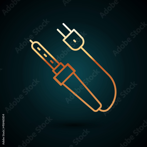 Gold line Soldering iron icon isolated on dark blue background. Vector.