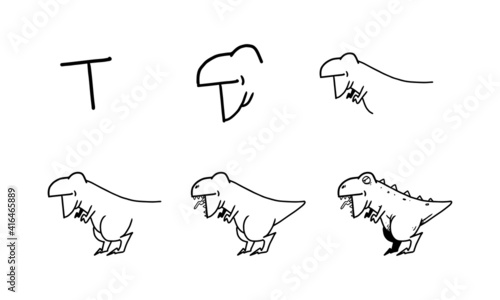 how to draw a cute t rex from T step by step. easy and fun activity for kids development and creativity. tutorial of drawing animal and object from alphabet series in vector illustration. 