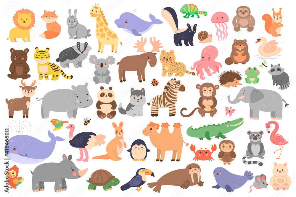 Big set of cute animals in cartoon style isolated on white background. Vector graphics.