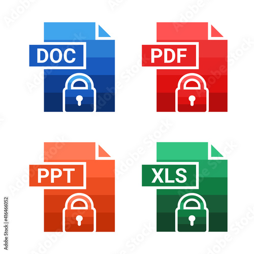 Set of of file type. Document locked. Privacy. Format and extension of documents. PDF, DOC, PPT and XLS. Illustration vector