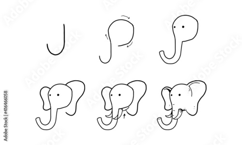 how to draw a cute elephant from G step by step. easy and fun activity for kids development and creativity. tutorial of drawing animal and object from alphabet series in vector illustration. 