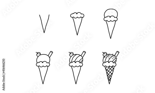 how to draw an ice cream cone from V step by step. easy and fun activity for kids development and creativity. tutorial of drawing animal and object from alphabet series in vector illustration. 