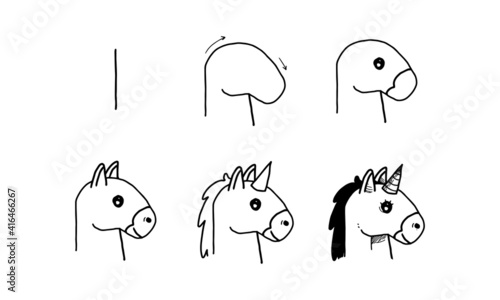 how to draw a little pony head from I step by step. easy and fun activity for kids development and creativity. tutorial of drawing animal and object from alphabet series in vector illustration. 