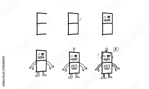how to draw a futuristic robot from E step by step. easy and fun activity for kids development and creativity. tutorial of drawing animal and object from alphabet series in vector illustration. 