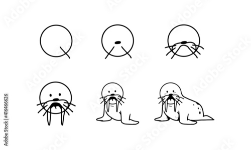 how to draw a walrus from Q step by step. easy and fun activity for kids development and creativity. tutorial of drawing animal and object from alphabet series in vector illustration. 