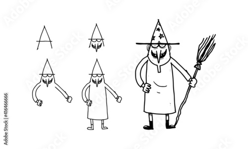 how to draw a wizard from A step by step. easy and fun activity for kids development and creativity. tutorial of drawing animal and object from alphabet series in vector illustration. 