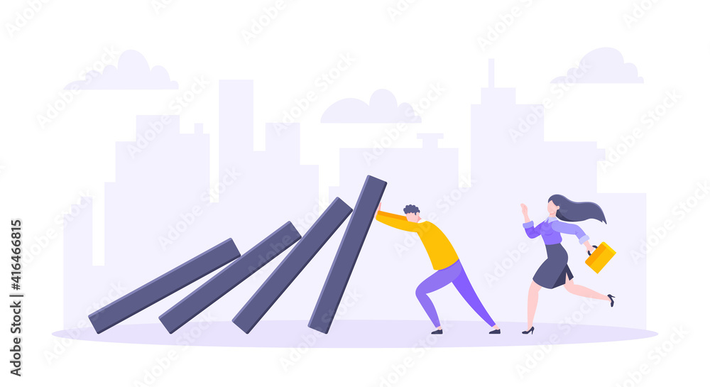 Naklejka premium Domino effect or business resilience metaphor vector illustration concept. Adult young businessman pushing falling domino line business concept of problem solving and stopping domino chain reaction.